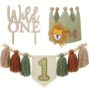 Jungle Safari First Birthday Party Decor Set with Handcrafted Yarn Tassel Banner, Lion Crown Hat, and Wild One Cake Topper for Woodland Animal Zoo Themed Celebrations