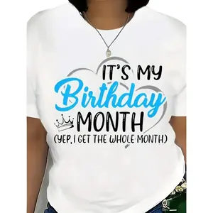 Men's & Women's Birthday Month T-Shirt - "It's My Birthday" Slogan with Crown & Balloon Print, Ultra Soft Breathable Moisture-Wicking Crew Neck Tee, Suitable for Casual Summer Wear, Birthday Outfits, Year-Round Comfort
