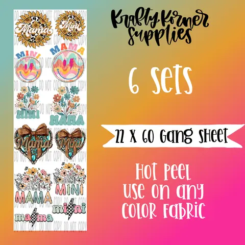 Mama & Me Sets DTF Transfer Gang Sheet, 22x60 in Hot Peel Transfer Print for Crafts, DIY Craft Supplies, Office Stationery Notebooks & Paper, Compatible with Any Fabric
