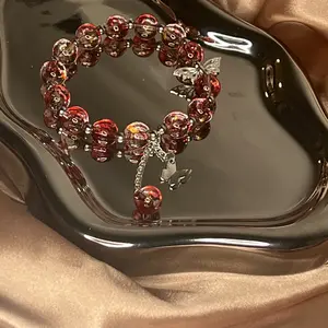 Matty Brace Collection Handmade Light Red Glass Bead Bracelet with Crystal Beads Elegant Silver Butterfly Charm Bracelet for Adults Natural Stone Beads Premium Quality Silver Accents Stretch Design Perfect Gift