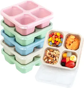 6 snack boxes with 4 compartments, made of wheat straw material, prepared for meals, and reusable small snack storage containers.