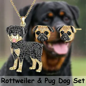 3 Pcs/Set Stylish Handsome Golden Rottweiler Alloy Pendant Necklace & Adorable Pug Earrings Jewelry Gift Set - Premium Fashion Accessory for Women Men - Perfect Birthday, Christmas, Anniversary Holiday Present for Family Friends Dog Lovers