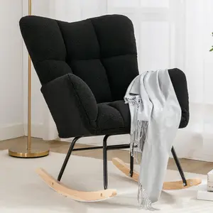 Nursery Rocking Chair Teddy Upholstered Glider Rocker Rocking Accent Chair Padded Seat with High Backrest Armchair Comfy Side Chair for Living Room Bedroom Offices, Teddy Fabric