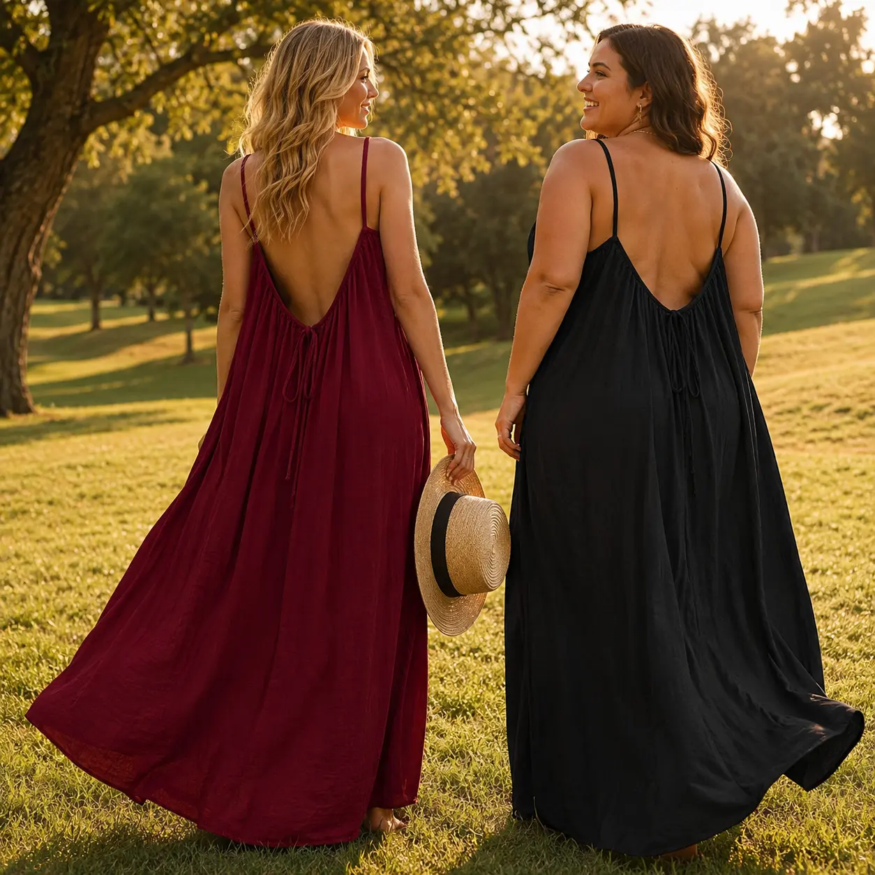 Women's Backless Sleeveless Cami Dress - Long Sundress with Back Tie, Casual Lounge & House Wear