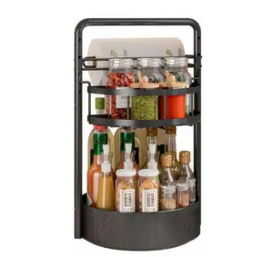 2-tier rotating kitchen countertop spice rack, multifunctional metal storage organizer for condiment bottles and jars, space-saving kitchen accessory funny stickers