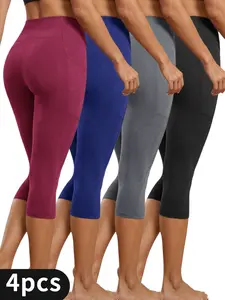 4 Pack High Waisted Pocket Capris - Tummy Control & Non-See-Through, 7/8 Yoga Leggings for Women, Workout, Outdoor, Spring to Fall Collection, Womenswear