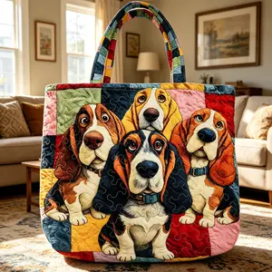 New Digital Printed Quilted Tote Bag - Cute Dog Patchwork Design, Basset Hound Print Quilted Tote Bag, Large Capacity Washable Tote Bag, Dog Mom Pet Lover Bag for School Work Travel Daily Use