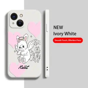 Straight Edge Phone Case for iPhone 15 Plus 16 Pro Max 14 13 12 11 XS XR Angel Bunny Pink Pattern Drop Protection Shockproof Soft Silicone smartphone Cover