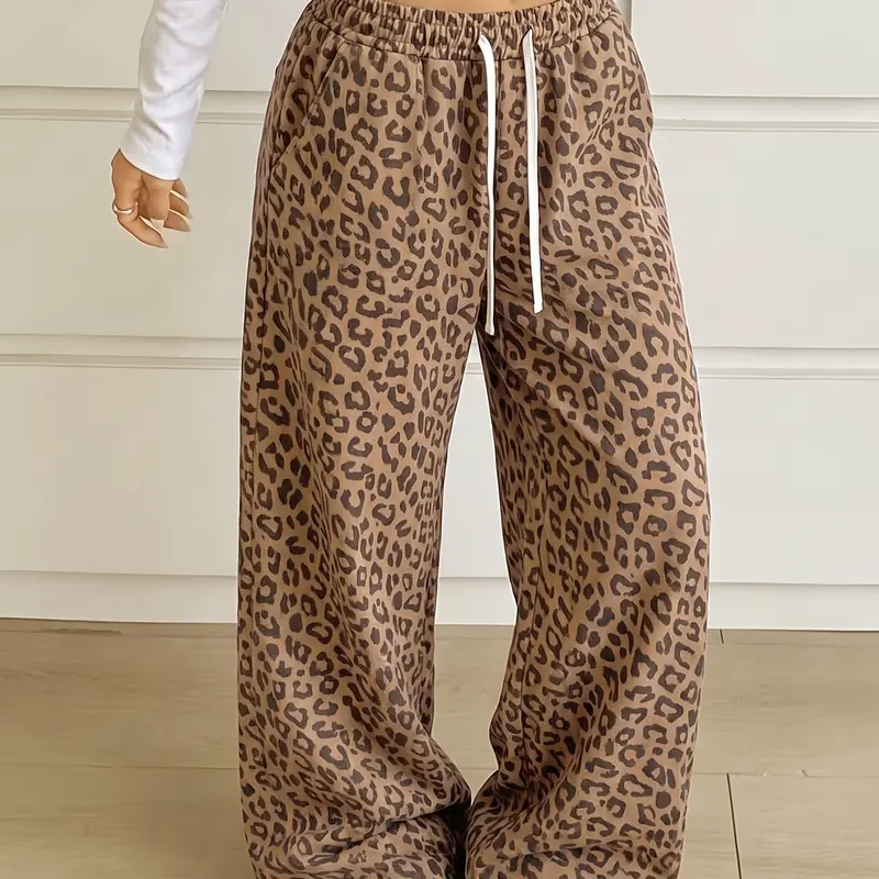 Y2K retro women’s leopard-print loose wide-leg pants, soft and comfortable drawstring sweatpants, loungewear pants for home, trendy everyday streetwear