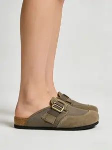 Men's Workwear Mesh Colorblock Slides Soft Sole Slippers, Outdoor Casual Commute Half Slipper, Army Versatile Buckle Design, Footwear
