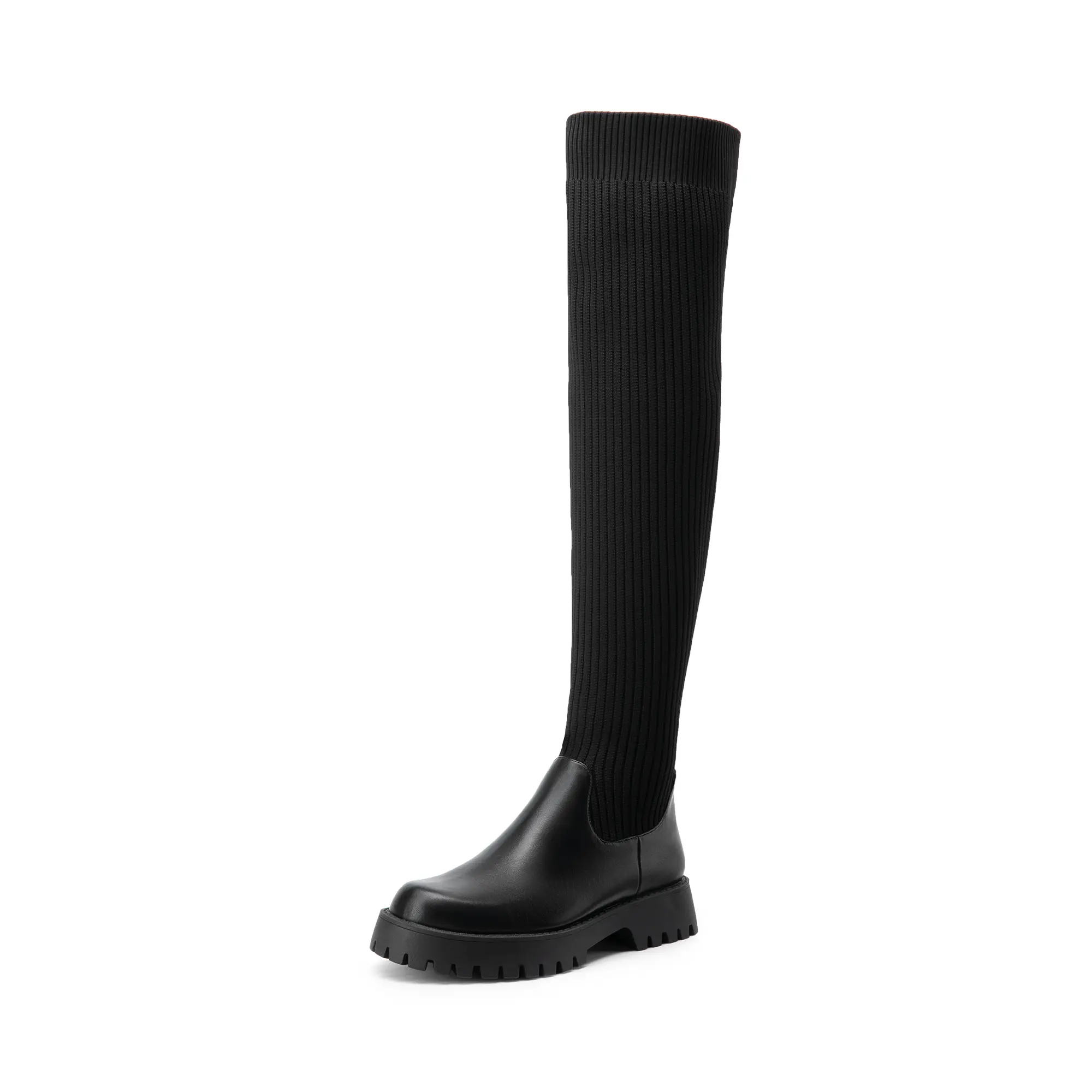 Dream Pairs Women's Classic Black & Brown-PU Over-the-Knee Boots - Stylish Knit & Synthetic Platform Shoes with 4.8" Block Comfortable Heels, Flexible, Casual, Zip-Closure Footwear for Parties
