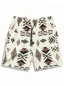 Men's Vintage Aztec Print Shorts Summer Loose Drawstring Casual Half-Length Pants with Pockets Breathable Beachwear Daily Vacation Wear