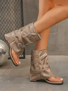 Women's Open Toe Square Heel Short Boots, Trendy Double Buckle Decor, Nail Detail, Fashion Design for Casual & Party Wear, Perfect Gift