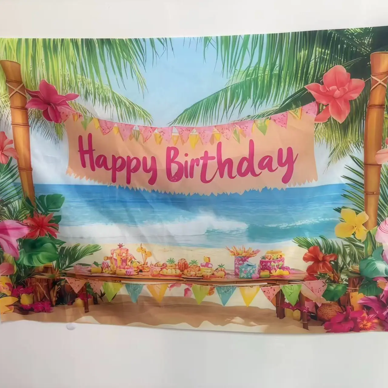 Hawaiian Birthday Party Backdrop Banner, Vibrant Summer Celebration Decor, Birthday Decoration, Palm Trees, Bright Flowers, Beach Scene, Beach Party Decorations, Polyester, Indoor Outdoor Use
