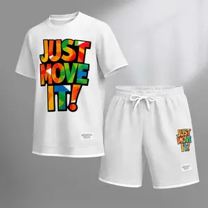 Men's Letter Print Drawstring Shorts Set For Spring/Summer. A Casual Summer Outfit, Including A Short-Sleeved Shirt And Shorts, Suitable For Everyday Wear And Sports. A Two-Piece Set For A Relaxed And Energetic Lifestyle.