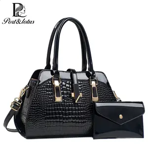 Port&Lotus Elegant Two-Piece Handbag Set for Women, Luxury Crocodile Pattern Top Handle Satchel with Matching Small Wallet, Spacious Crossbody Shoulder Bag for Daily Work Travel and All Occasions