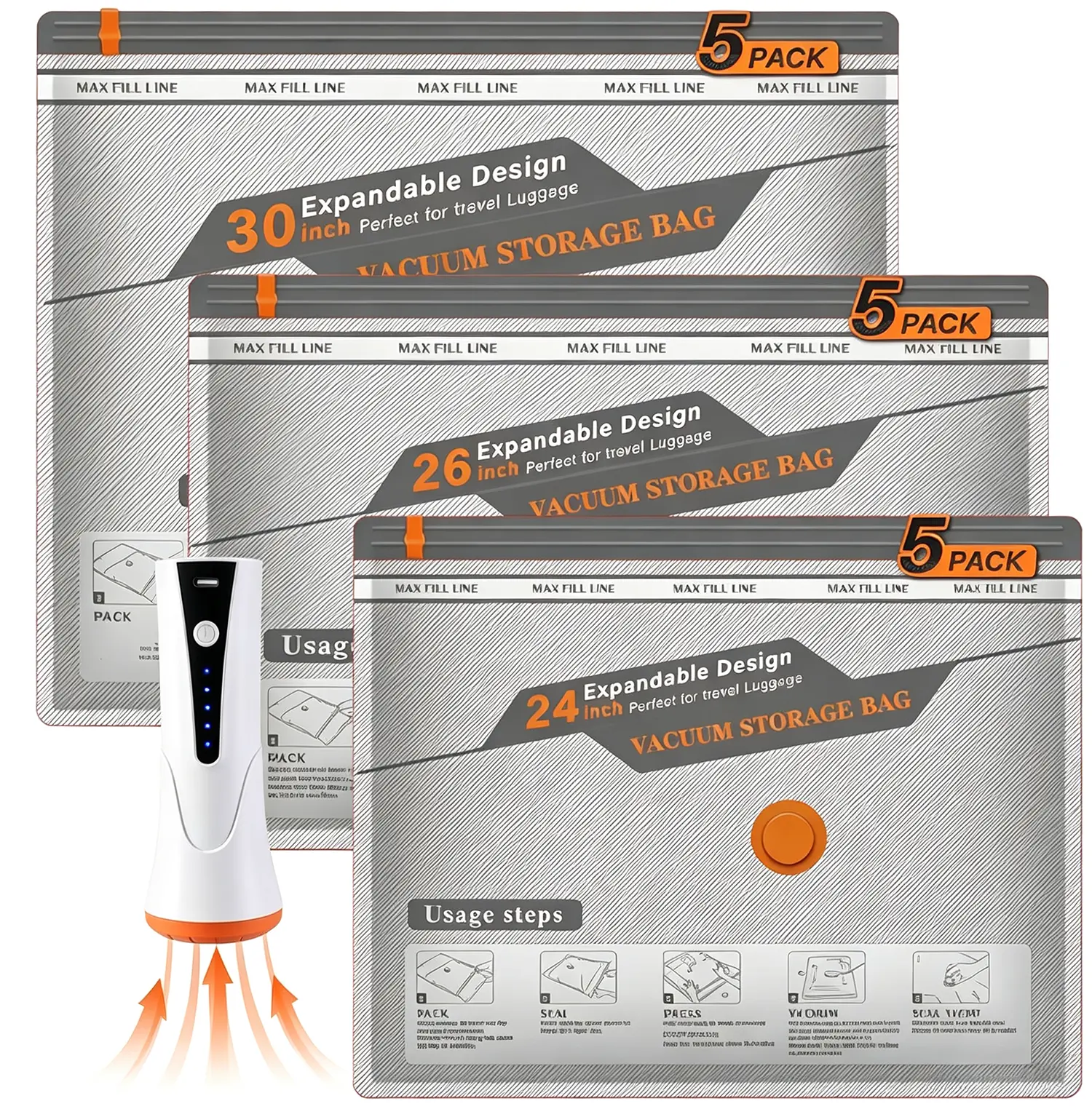 Electric vacuum compression storage bag, equipped with a USB rechargeable electric pump, super compact and lightweight, saves space for clothes and travel essentials, outdoor packing system, portable organizer, travel essential, space-saving Airtight Comp