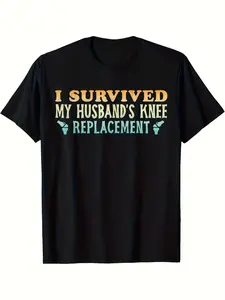 Men's I Survived My Husband's Knee Replacement T-Shirt - Black Casual Crew Neck Tee with Blue Knee Graphic, Perfect for Father's Day or Anniversaries, Husband T Shirt, Plus Size Same style for men and women  summer short-sleeved printed T-shirt