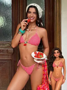 ​​Women's Summer Beach Two Piece Bikini Set, Red White Plaid with Cherry Decor Triangle Top & Adjustable Bikini Bottoms, Flirty Sexy Swimwear for Women, Trendy Swimsuit for Vacation Pool Party"​