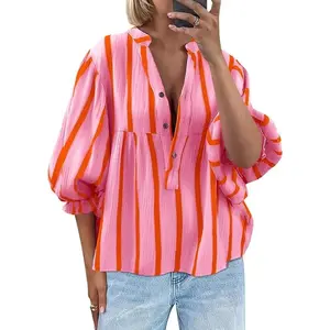 Tankaneo Womens Puff Sleeve Babydoll Tops Summer V Neck Striped Blouse Cute Casual Loose Fit Flowy Shirts