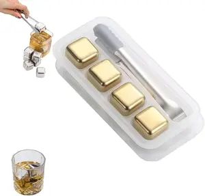 Wine Pearls for Chilling Wine,Wine Chilling Stones,Stainless Steel Ice Cube,Reusable Metal Ice Cubes for Whiskey,Metal Chilling Stones for Drinks,Whiskey Chilling Rocks,With Ice Tongs (4, Gold)