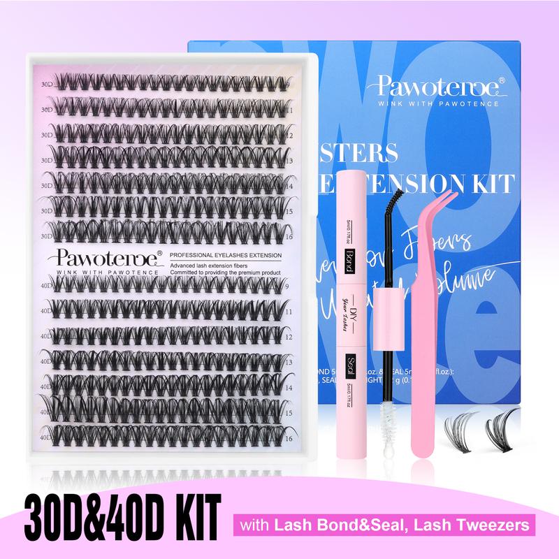 Pawotence Upgrade Lash Extension Kit DIY 280pcs Individual Lash Clusters Kit 30D&40D Cluster Eyelash Extensions Kit with Lash Bond and Seal, Lash Remover, Lash Tweezers for Self Use