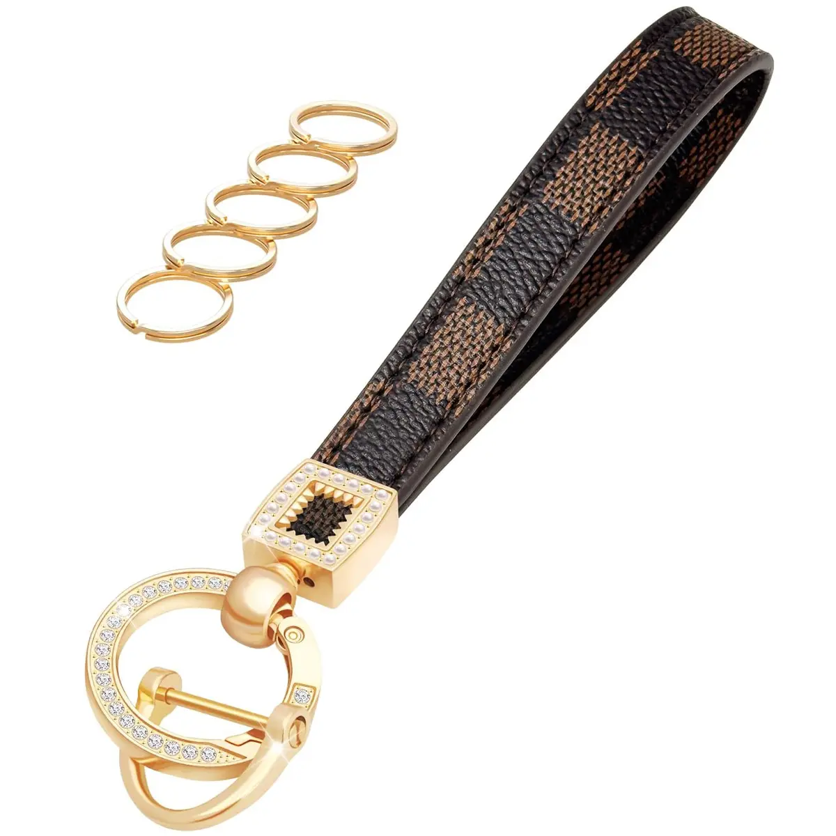 Leather Wristlet Keychain,Wrist Keychain Car Key Chain with 5 Key Ring and Anti-Lost D Ring