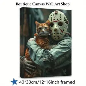 1 Piece Jason Voorhees and Cat Canvas Decoration - Unique Game Room, Teen Bedroom Framed Canvas Painting - Wooden Wrapped Canvas Frame, Perfect for Horror Movie Themed Parties, Halloween, and Gifts for Horror Enthusiasts