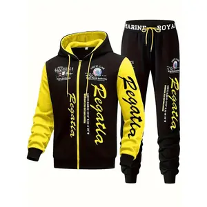 Men's Hooded Letter Printed Sportswear Set, 2pcs Casual Sportswear Set, Fashionable Hooded Sweatshirt with Full Zipper And Elastic Waist Pants, Regular Style, Outdoor Wear