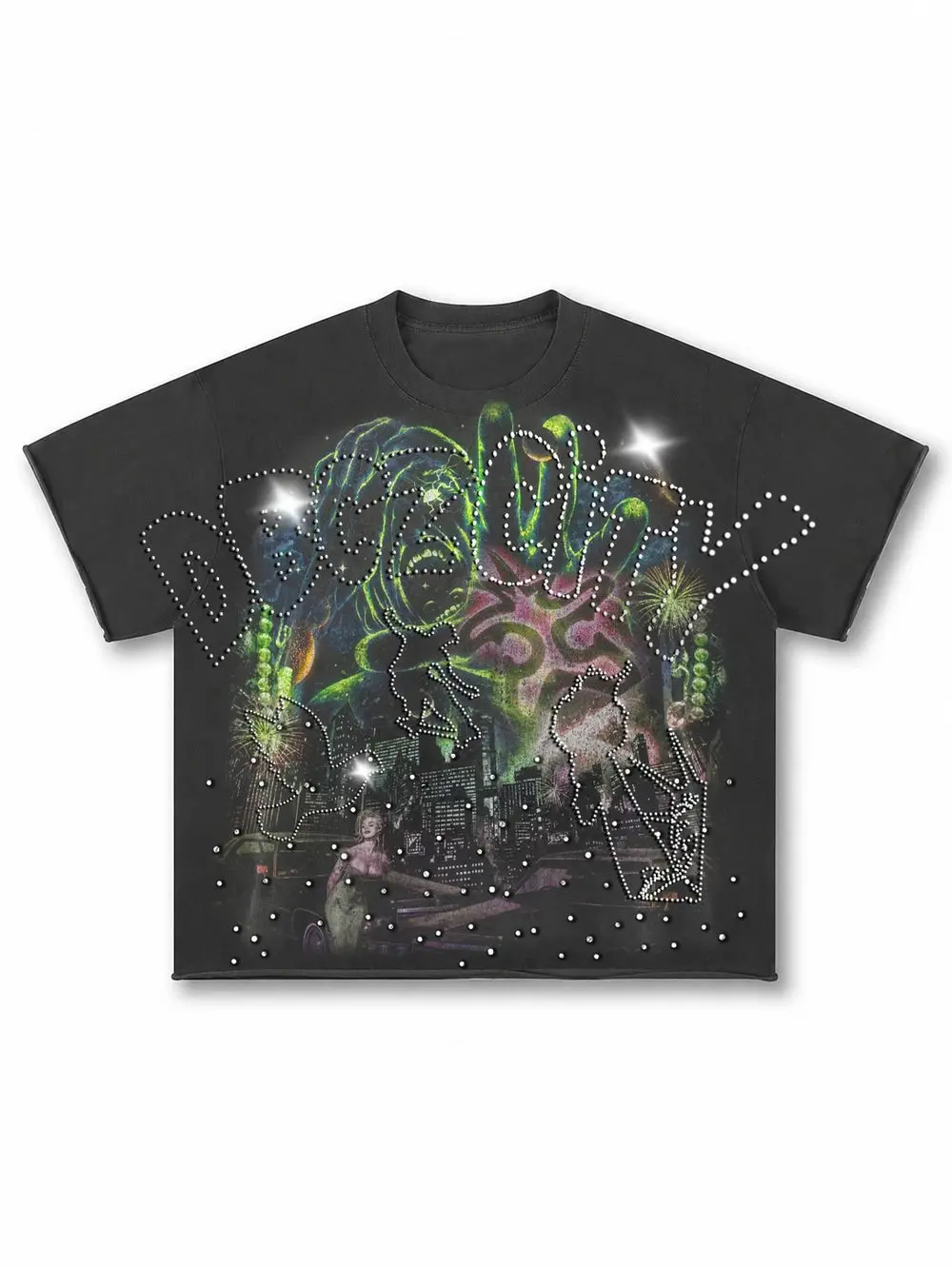 [no rhinestones] Y2K Grunge Rhinestone Graphic Tee Gothic Cyberpunk Oversized Vintage Black T-Shirt Heavyweight Cotton Hip Hop Streetwear Drop Shoulder Raw Hem Tee Gift