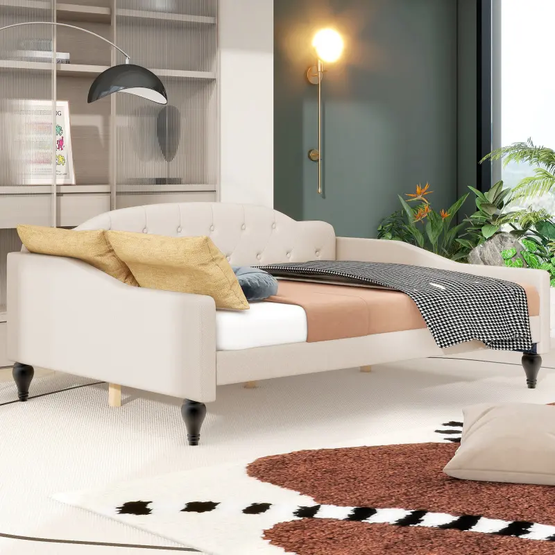 Beige Upholstered Linen Full-Size Tufted Daybed Frame - Box Spring Not Required, Ideal for Living Room, Guest Room, Office
