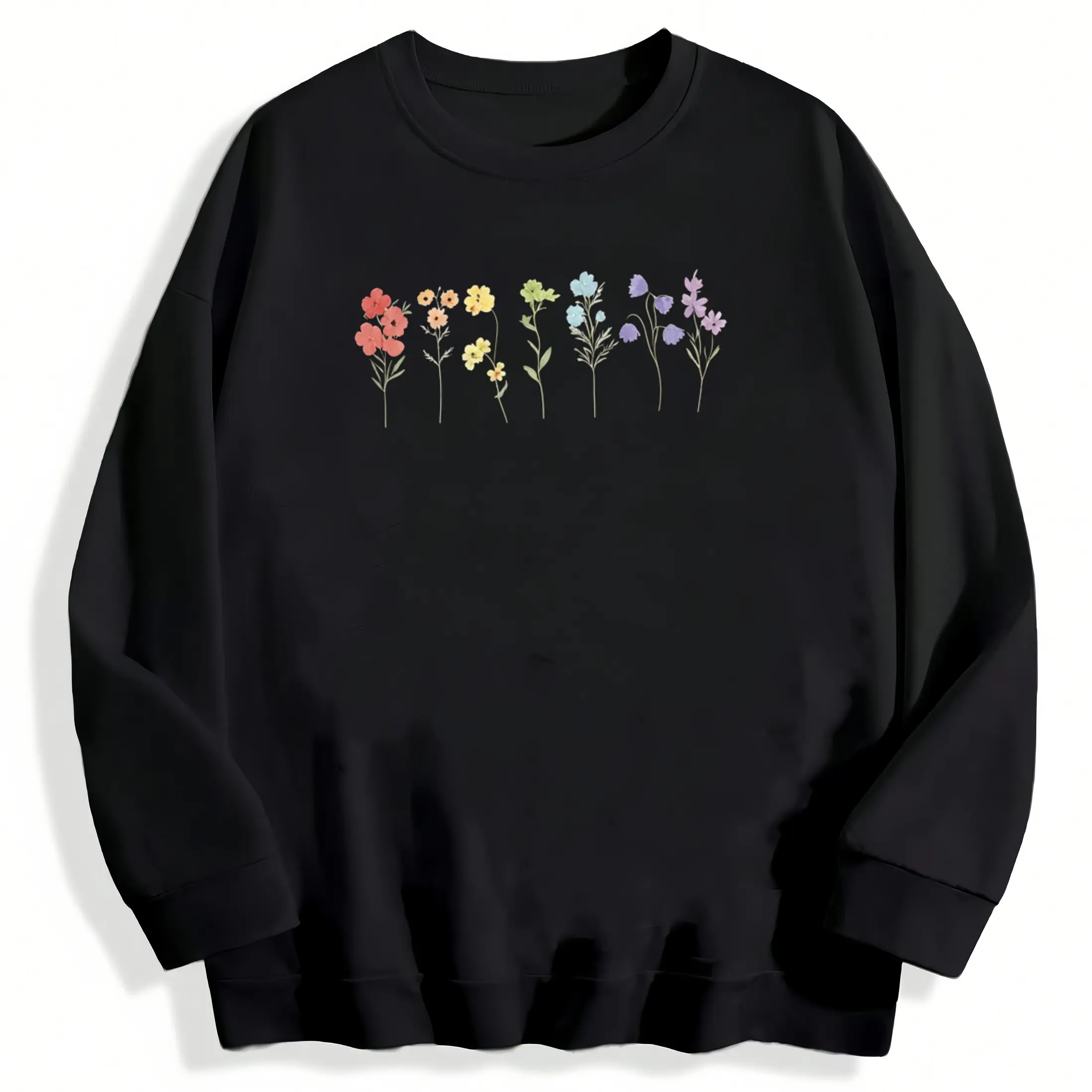 Vintage Boho Long Sleeve Sweatshirt with Colorful Wildflower Print – Oversized Crew Neck Streetwear Top for Women, Perfect for Cottagecore and Nature Lovers