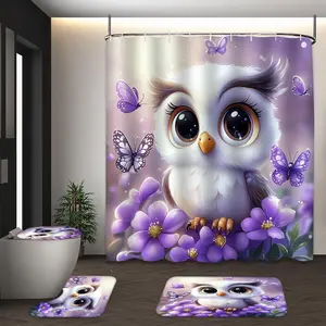 Owl Pattern Bathroom Decorations, 4 Counts/set Including Shower Curtain & Toilet Lid Cover & Floor Mat, Bathroom Accessories for Home Decor