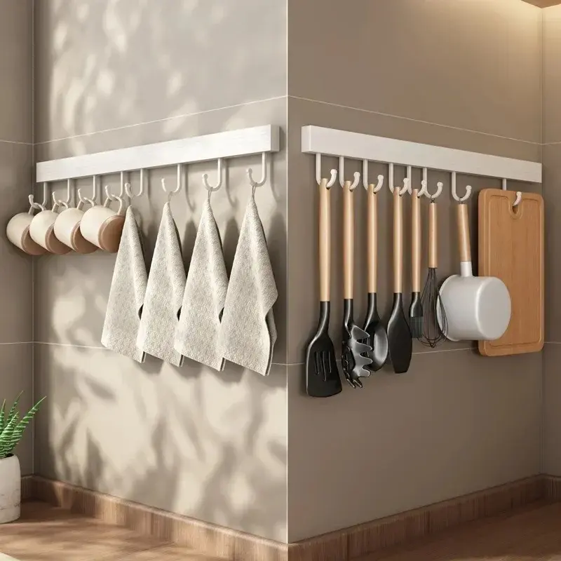 Wall Mounted Multi-Hook Kitchen Utensil Rack - No Drill Storage Organizer Shelf, Spoon Holder, Apartment-Friendly Home Organizer for Space Saving