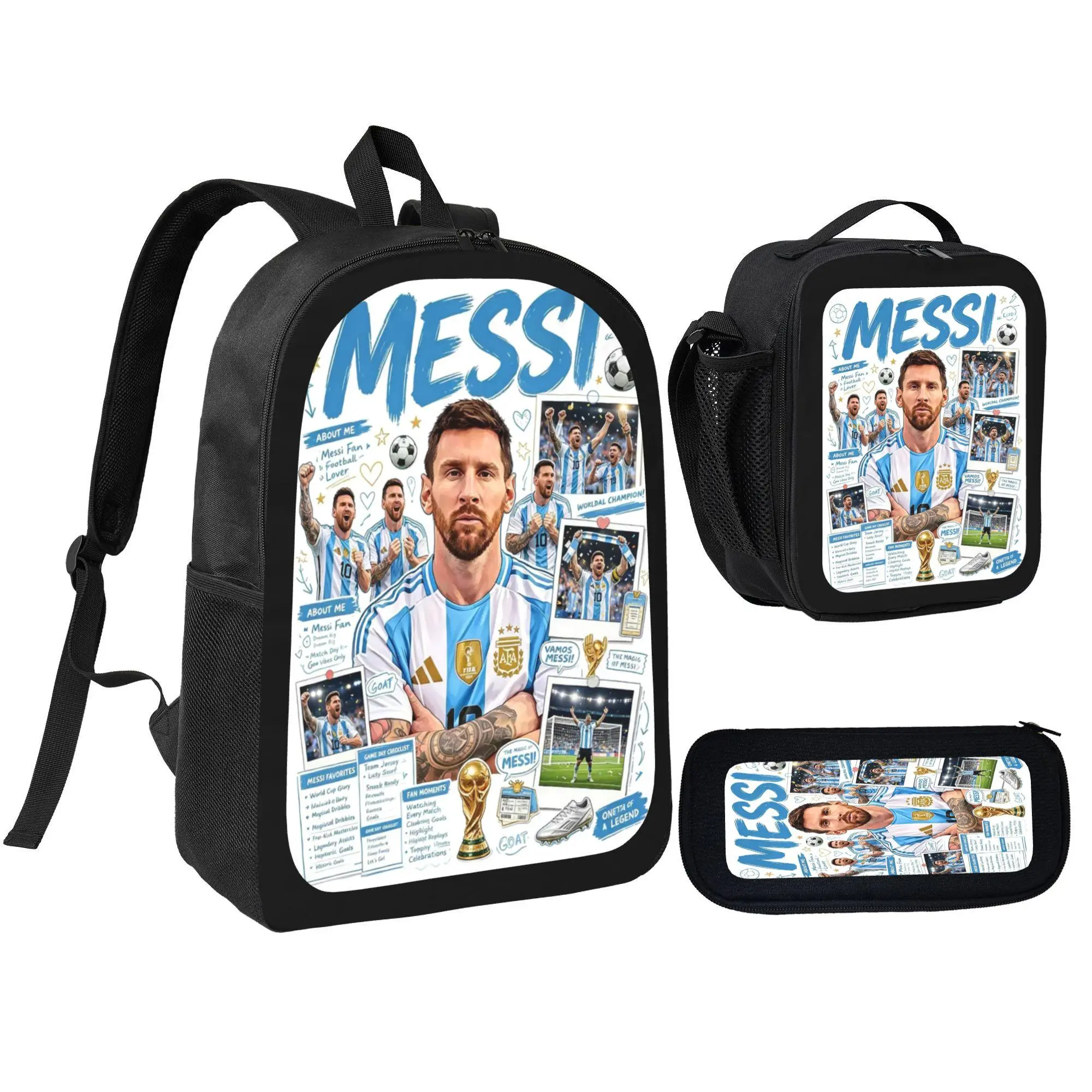 [3Pcs Backpack Set] Lionel Messi Argentina Football Star Collage Print with Lunch Bag Pencil Pouch School Bag For Boys Teen Students Soccer Fans Daily Use