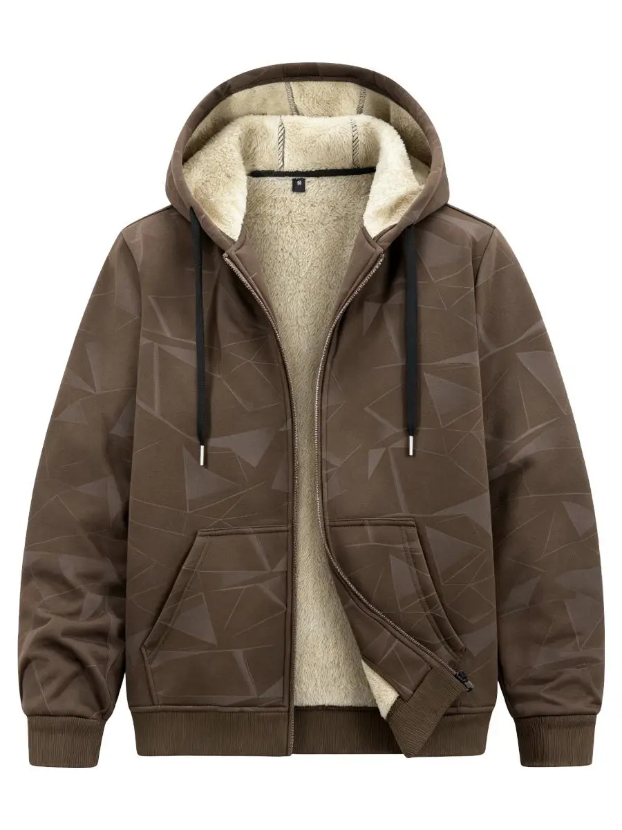 Men's Winter Warm Dark Brown Geo Triangle Print Sherpa-Lined Zip-Up Hoodie - Windproof Drawstring Hood, Spacious Kangaroo Pocket, Wrinkle-Free Thick Layering Outerwear for Cold Days, Natural Smooth Fabric for Sneakers-Joggers Uniform Pairing, Long Sleeve