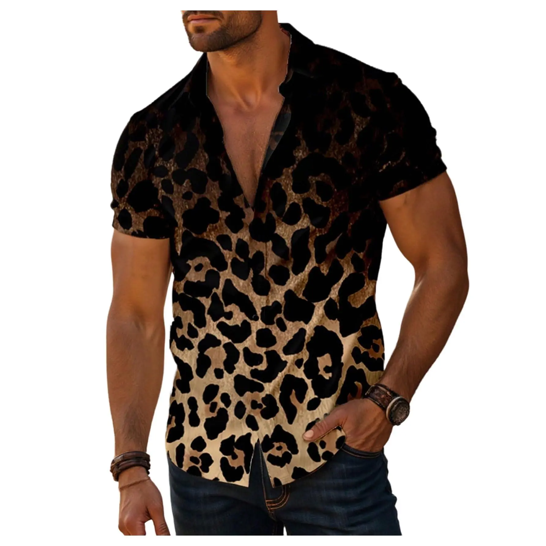 Men's Casual Top in Animal Print, Short Sleeve Collared Button-Front for Summer Vacation, Pairs with Cargo & Jogger Pants