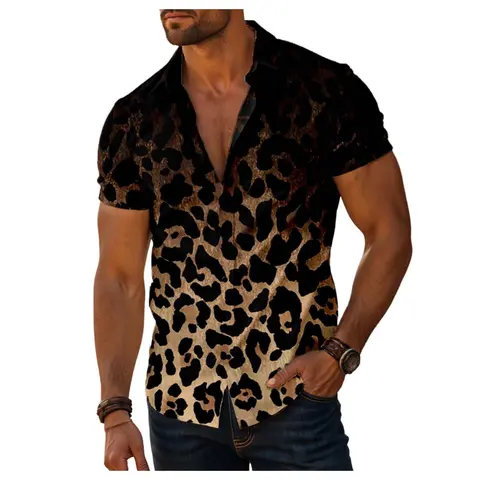 Men's Casual Top in Animal Print, Short Sleeve Collared Button-Front for Summer Vacation, Pairs with Cargo & Jogger Pants