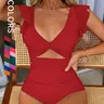Women's Plain Cut Out Twist One-piece Swimsuit, Casual Ruffle Cap Sleeve Deep V Neck Swimwear for Summer, Fashion Women's Swimsuit for Beach Holiday Vacation, Cutout Swim Suit, Chic Swimsuit, Cutout Bathing Suits #GLOBAL PICKS