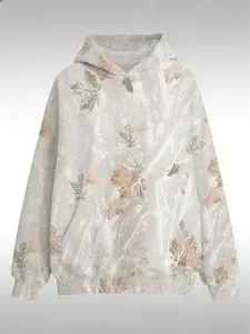 Womens Camo Maple Leaf Hoodie | Oversized Lightweight Printed Fleece Hooded Sweatshirt with Pocket |  Camo Leaf Branch All over Print | Casual Fabric Womenswear Everyday Polyester Style Tops Breathable Long Sleeve