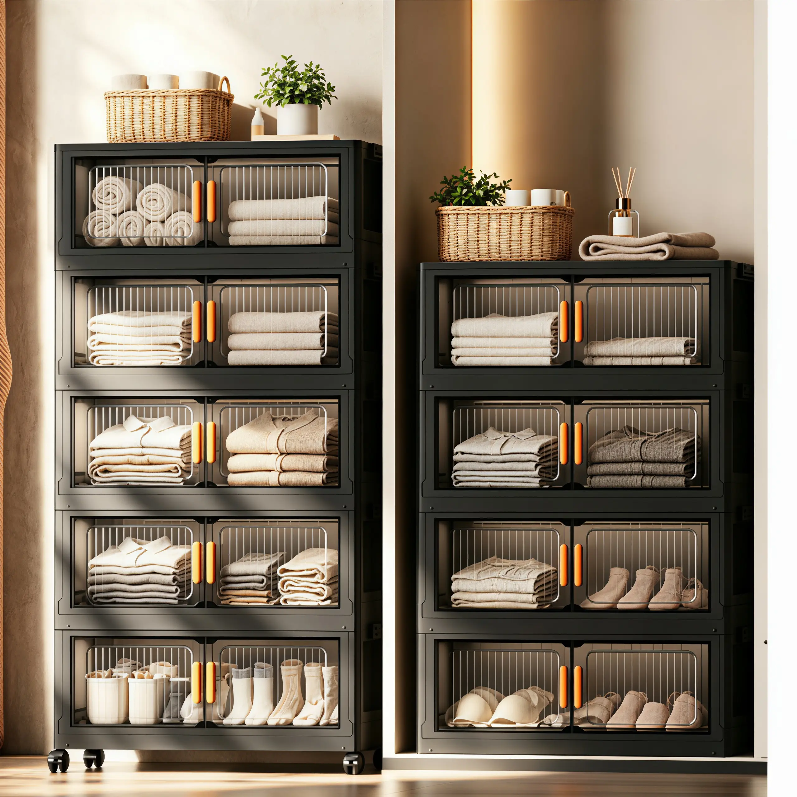 Large Capacity Thickened Plastic Collapsible Storage Cabinet, No-Assembly Stackable Modular Closet Organizer, Space-Saving Portable Storage Bin With 360° Lockable Wheels For Bedroom, Walk-in Closet, Dorm, Small Apartment & Rental Home Storage