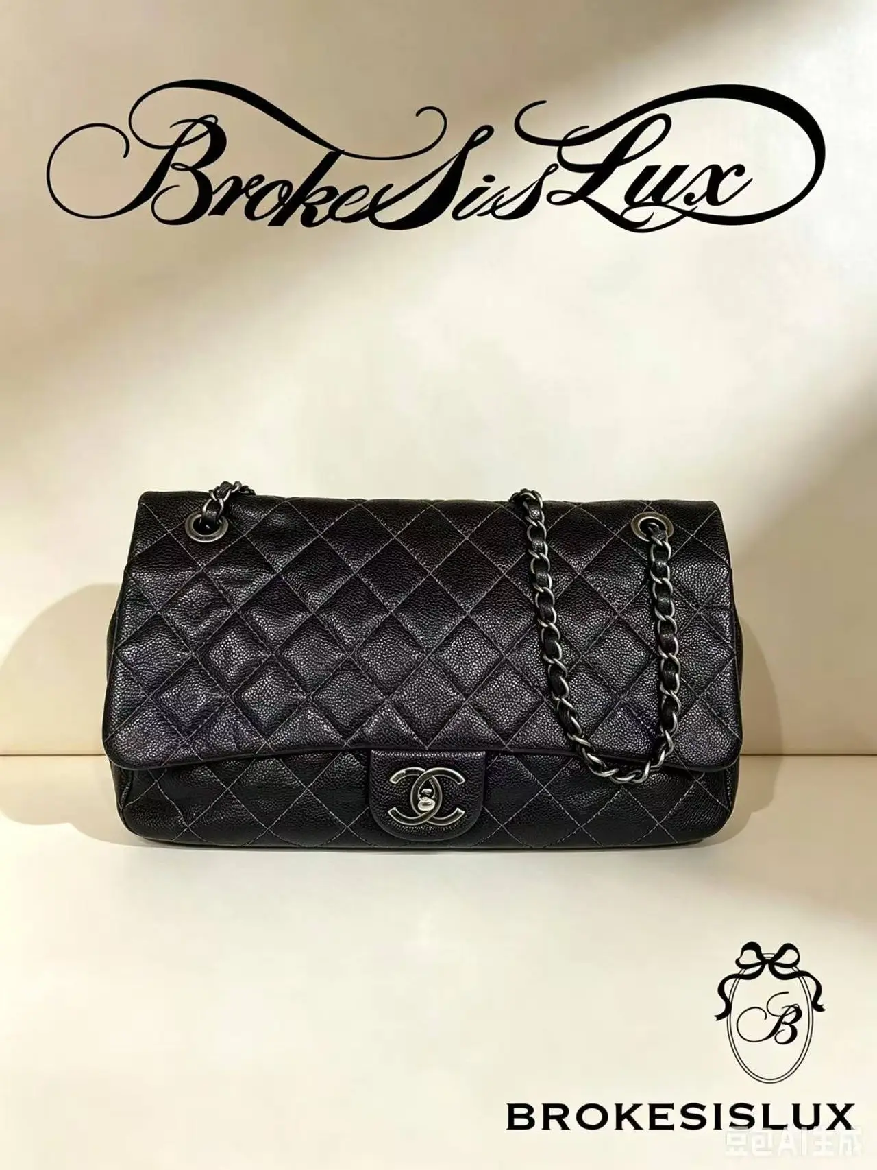 Pre-owned CHANEL Jumbo Black Caviar Quilted Double Flap Bag | Aged Silver CC Hardware, Leather Woven Chain