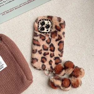Plush Leopard Print Phone Case with Stand Holder Strap Lanyard, Compatible with Apple iPhone Models 17pro Max to 11pro Max, Stylish Protective Cover for iPhone 17 16 15 14 13 12 11 X XS XR Pro Max Plus Air