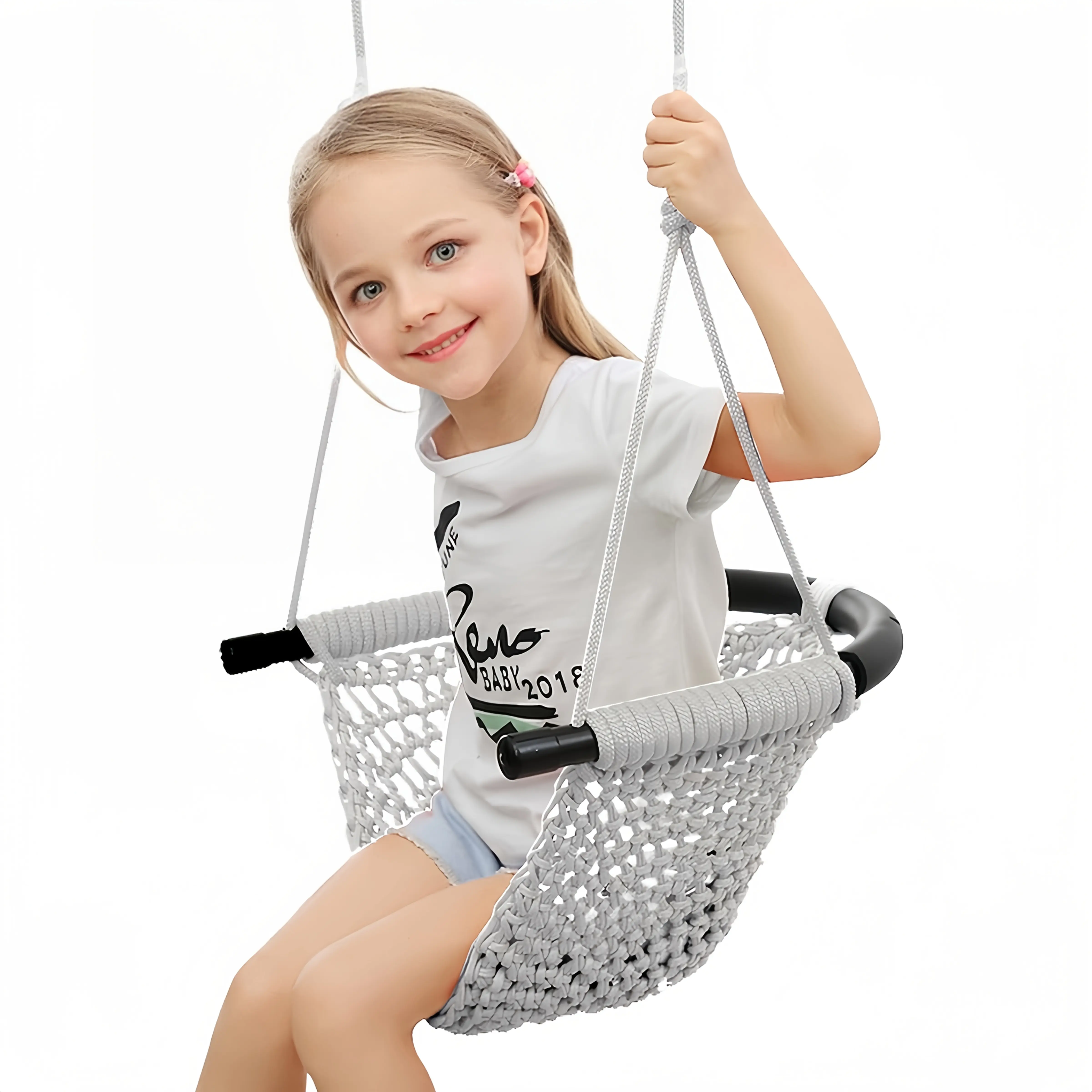 ROPECUBE Hand-Knitted Toddler Swing - Heavy Duty Rope Gym Sets & Swings, Adjustable Ropes, 440 lbs Capacity, Easy Maintenance, Weather-Resistant, Versatile Use for Kids Outdoor Play (Silver)