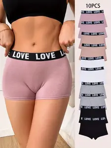 Women's Letter Print Briefs Pack, Soft Elastic Comfort Low Waist Underwear, 10-Pack Ladies Panties, Fashion Breathable Underwear, Breathable & Stylish