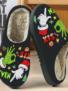 Christmas Fun Sporty Cotton Slippers, Festive Holiday Design, Fuzzy Lined Anti-Slip Thick Sole, Women's Home & Outdoor Wear