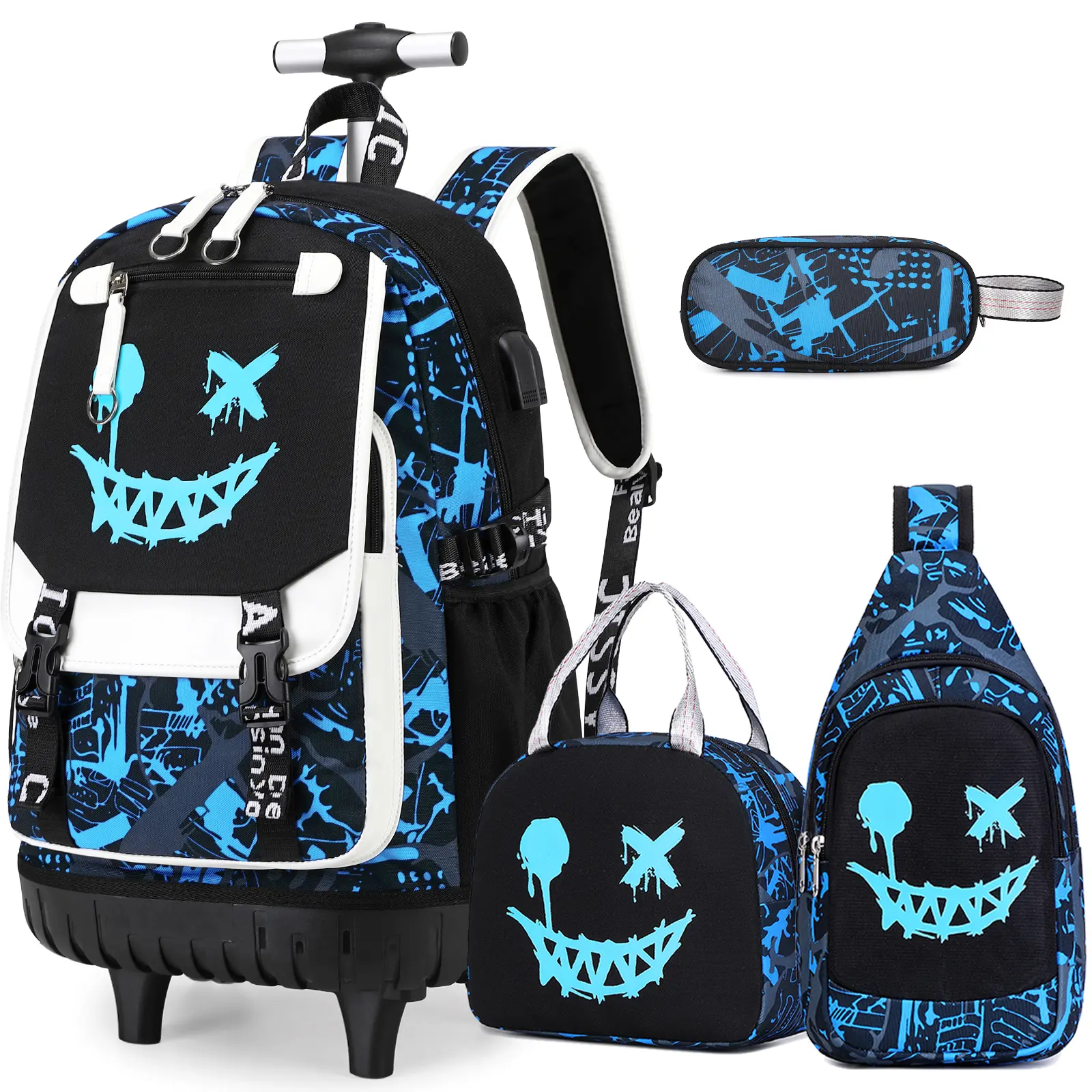 Similove Trolley Backpack for Boys, Large Bookbag Lunch Bag Set with USB Charging Port, Travel Backpack with Wheels Organiser