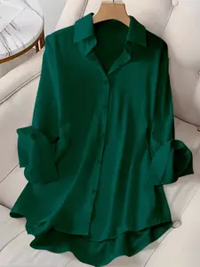 Women's Fashion Spring Summer Shirt, European Style Lapel Single Button Solid Color Long Sleeve Ladies Top, Casual Wear