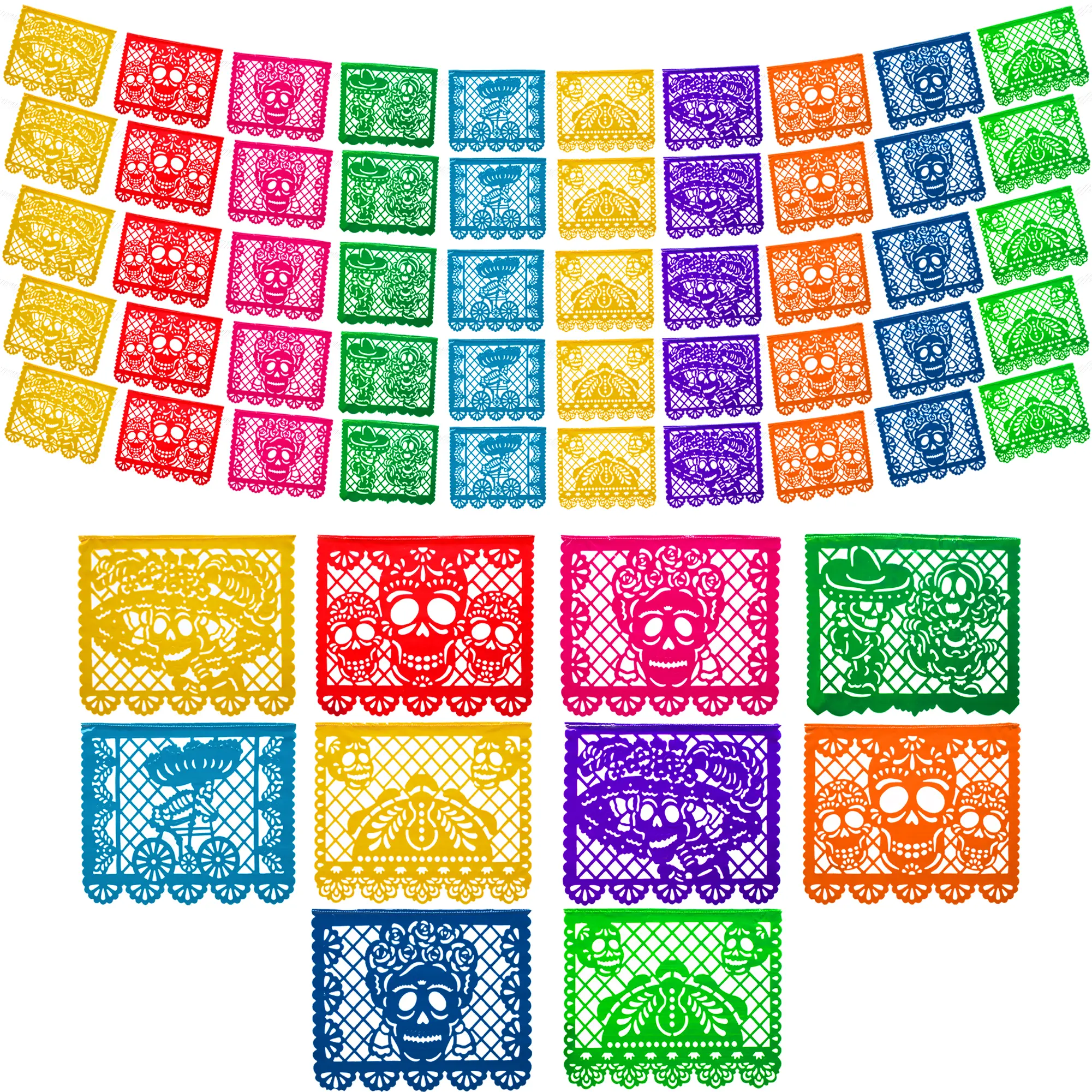 Mexican Party Banners (5 Pack - 10 Plastic Flag Designs per Banner) - Papel Picado Dia de los Muertos Decorations for Altar - Day of the Dead Banners - Day of Dead Décor
