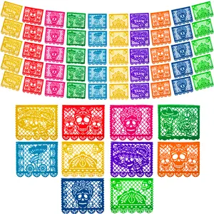 Mexican Party Banners (5 Pack - 10 Plastic Flag Designs per Banner) - Papel Picado Dia de los Muertos Decorations for Altar - Day of the Dead Banners - Day of Dead Décor